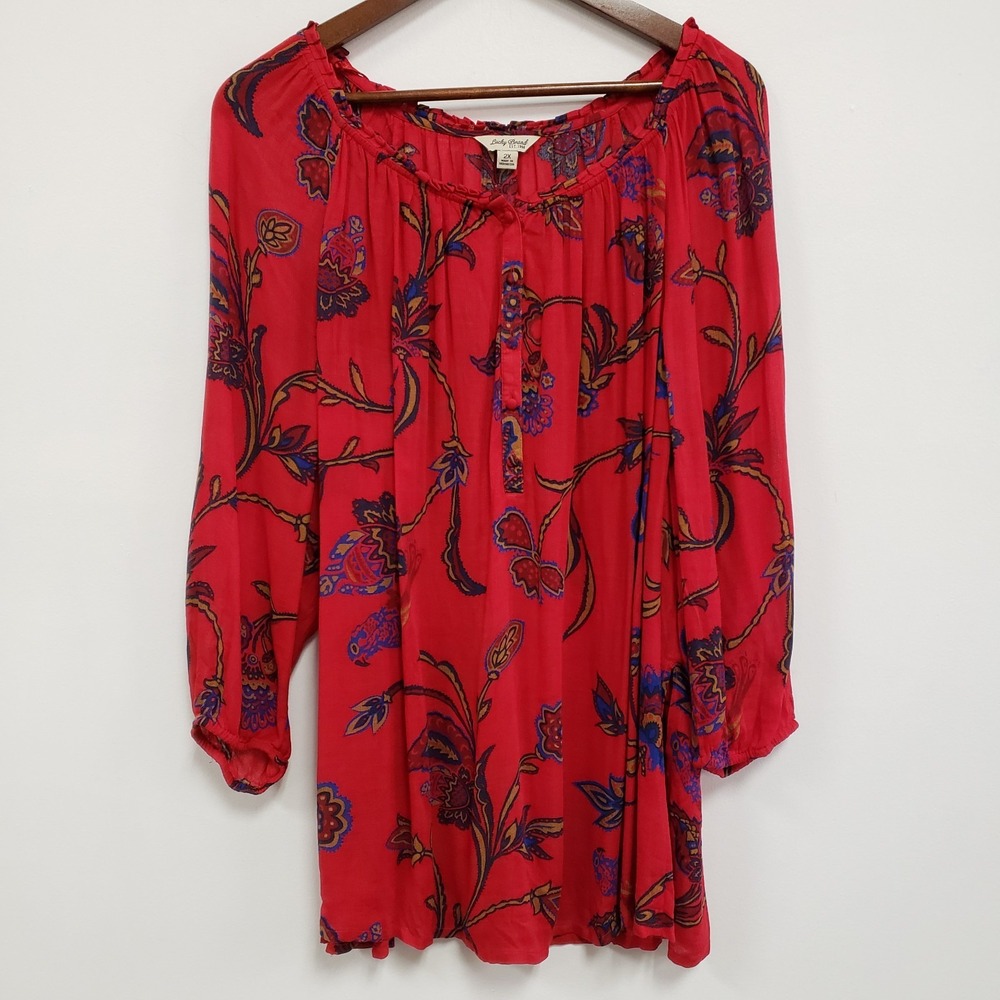Lucky Brand Womens Bohemian Floral Tunic Top Size 2X Red Scoop Neck Long Sleeve - Picture 1 of 9